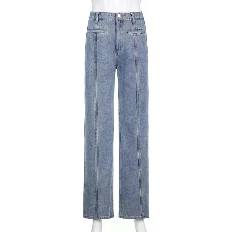 Vrouwen Jeans Mid Taille Flare Broek Rits Fly Washing Losse Pasvorm Denim Zakken High Street Winter 2024 Lichte Strech Print