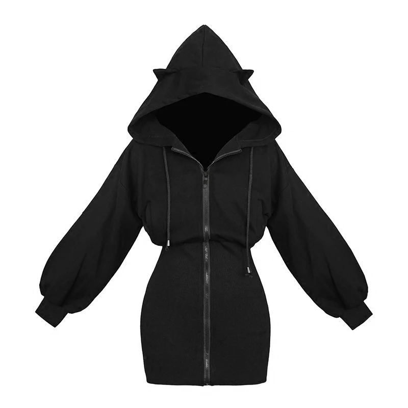 Hoodie Harajuku Long Sweatshirt Women Black Punk Gothic Hoodies Hoody Ladies Zip-up 2023  Spring Cute Ear Cat Hoodies