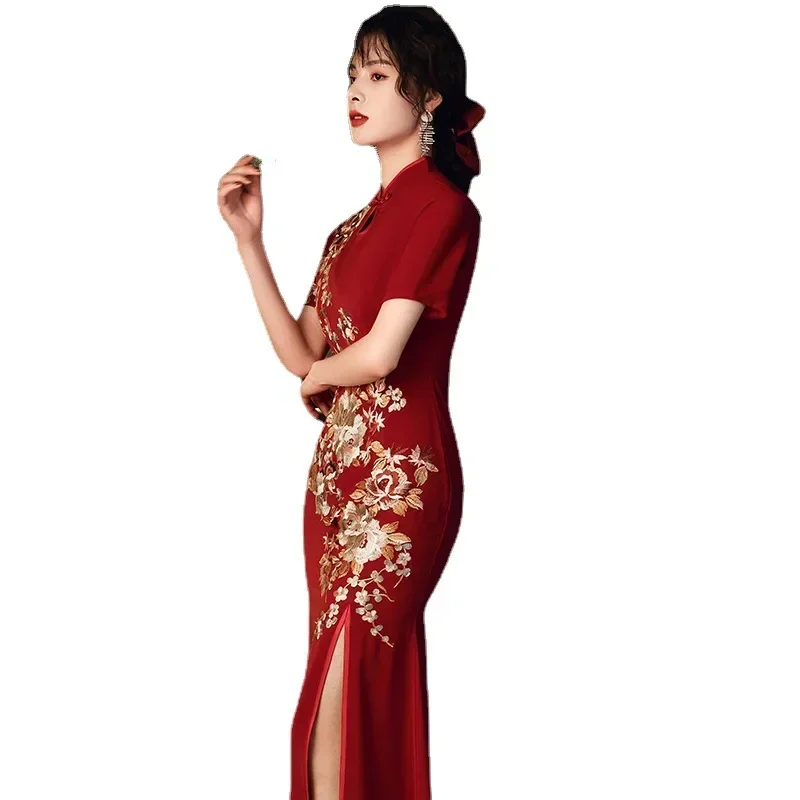 Abito da sposa Qipao da donna in stile cinese ricamo fiore Cheongsam Sexy Slim Split abito da sera a sirena abiti eleganti