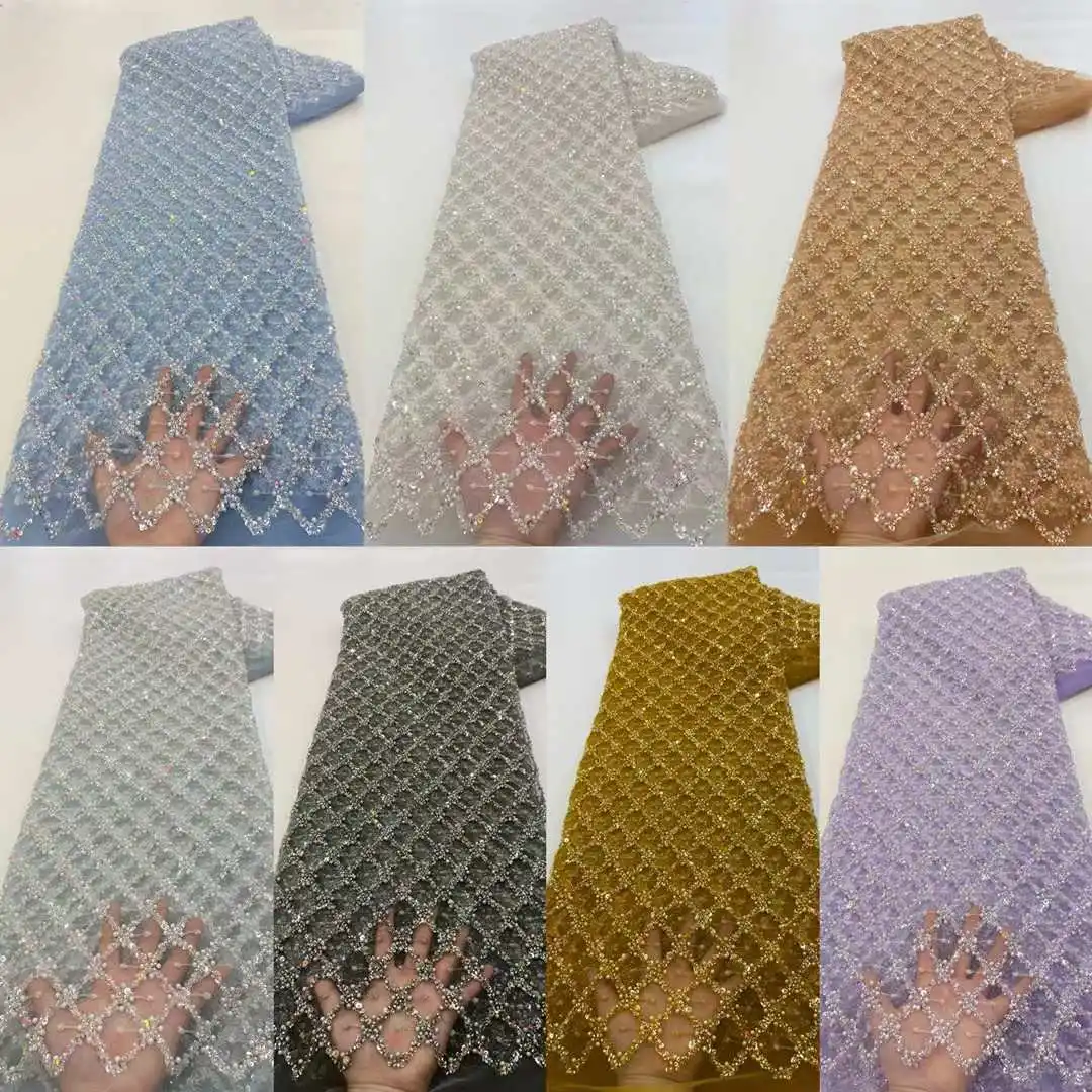 Tela de encaje africano de lujo, telas de encaje con cuentas de lentejuelas de alta calidad para boda nigeriana, tela de encaje de tul francés