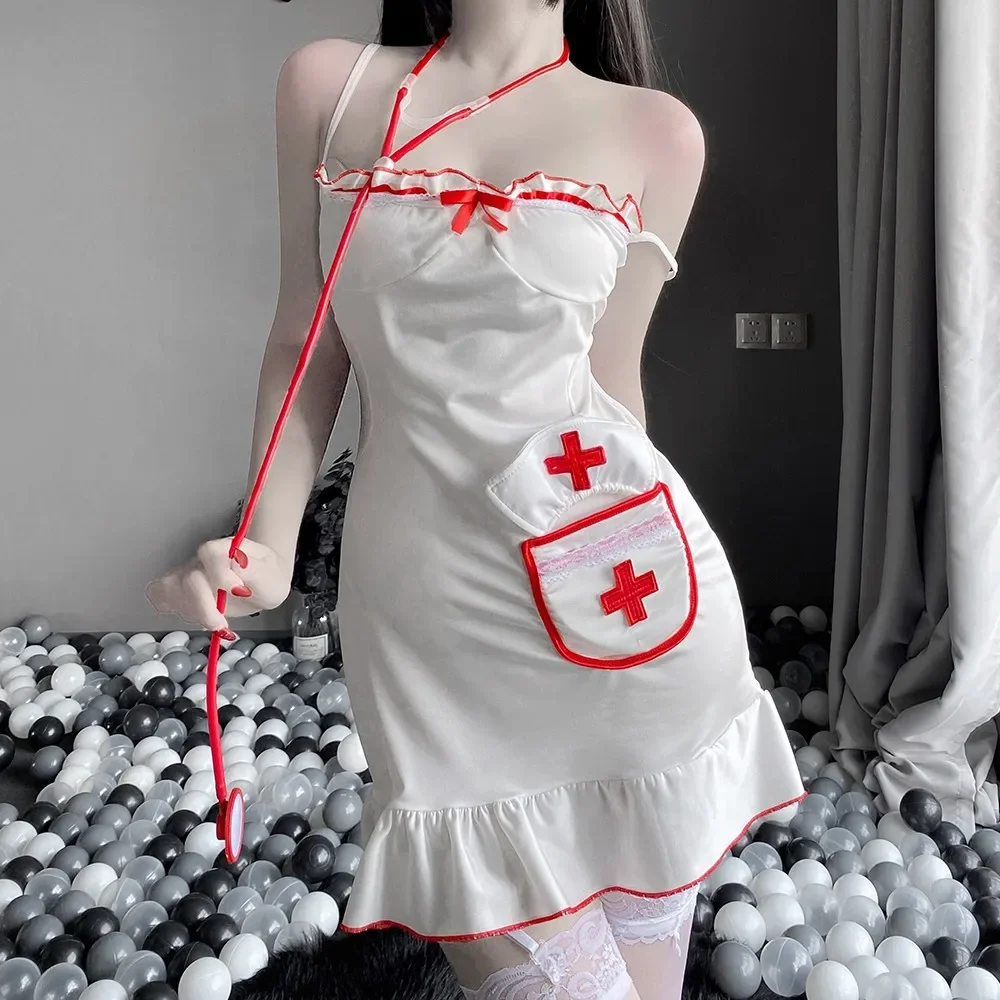 Cosplay Fun Ondergoed Polyester Heldere Verpleegster Uniform Verleiding Perspectief Diepe V-hals Ruche Sexy Lingerie Kostuums