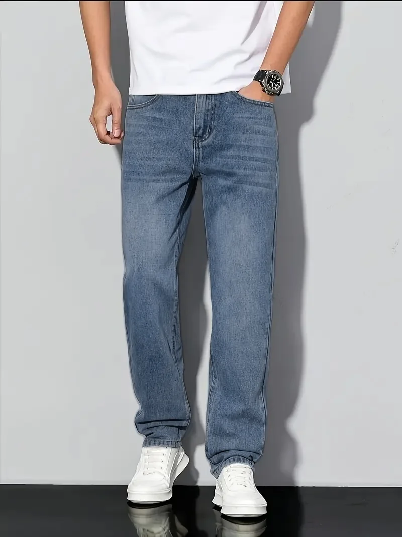 

Мужские легкие прямые джинсы свободного кроя — свободный городской стиль, легкая машинная стирка, универсальные и современные, удобные прямые брюки