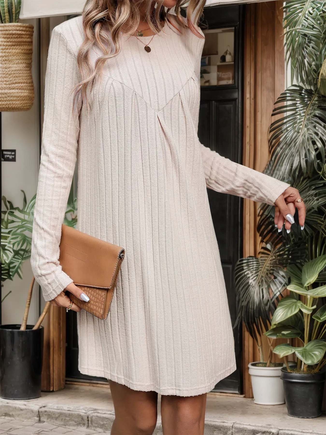 Autumn and Winter Brushed Pit Striped Knitted Skirt Long Sleeved Woolen Dress Pleated Patchwork Dress