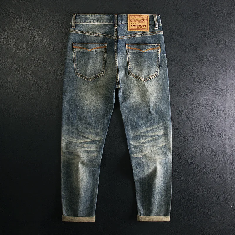 High end fashion nostalgic jeans men's retro washed slim straight tube classic embroidery casual denim pants