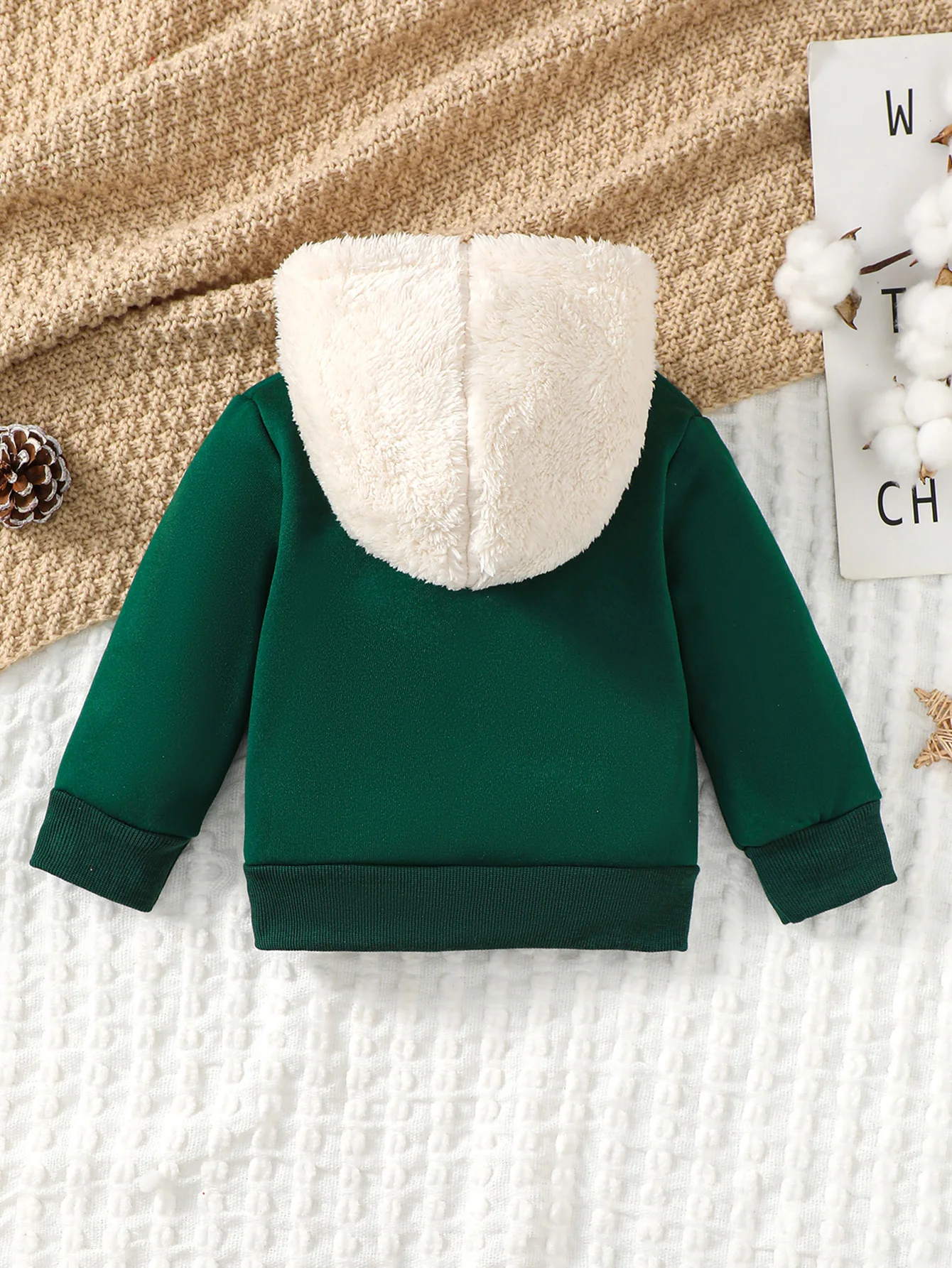 Baby Boys Autumn And Winter Casual Fashion Dark Green Top Long Sleeve Color Matching Letters Printed Plush Hoodie For Baby Boys