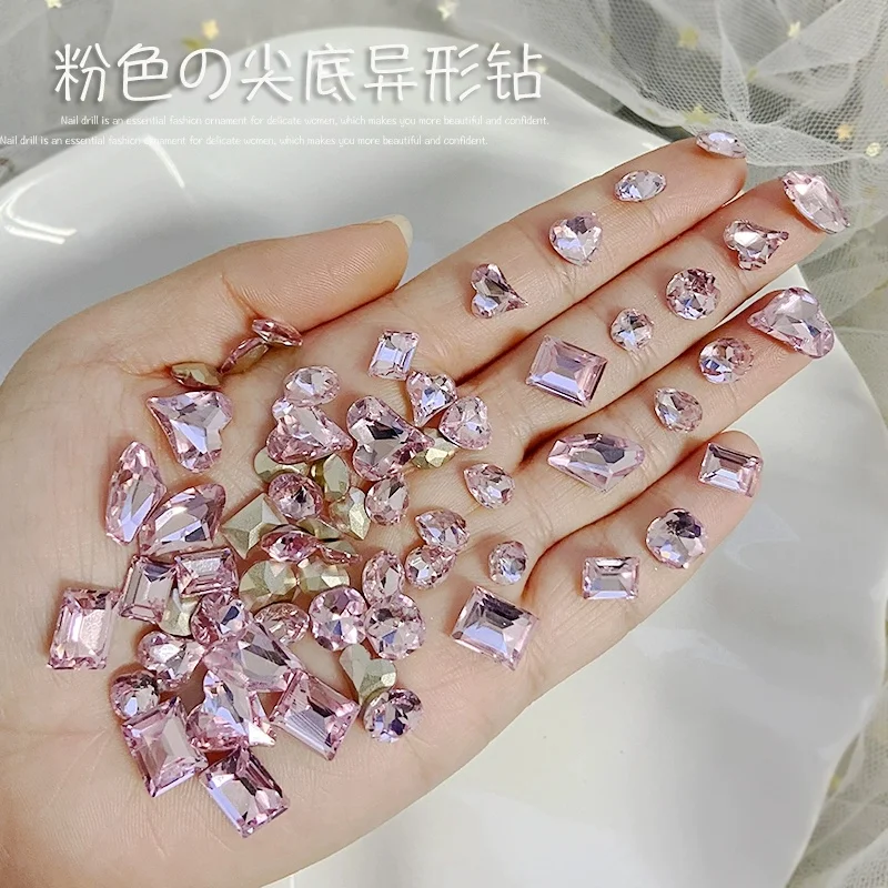 50pcs 3D Mixed-Shapes Pink Crystal Nail Art Rhinestones Big Sizes Pointed Bottom K9 Glass Diamond Nail Gems DIY Nail Charm Decor