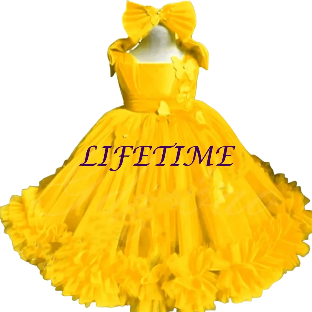 

CustomizedCustomized Yellow Flower Girl Dresses For Wedding Lace Tulle Butterflies Cute Kids Birthday Party First Communion Ball