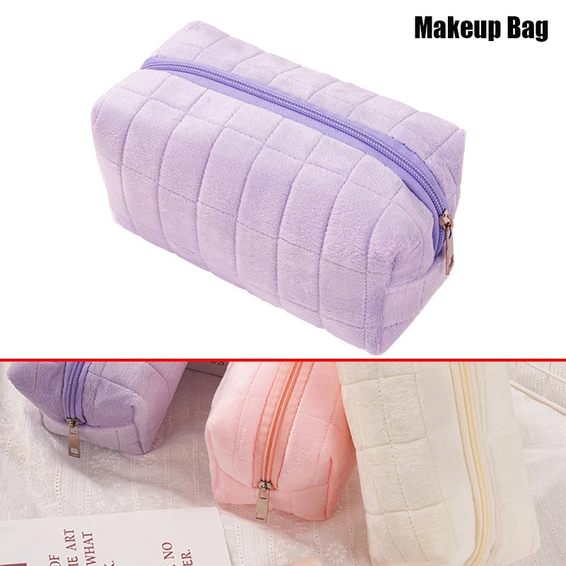 

Милая плюшевая косметичка для женщин, портативная дорожная маленькая косметичка, однотонная сумка для туалетных принадлежностей на молнии, сумка для стирки, сумки для хранения