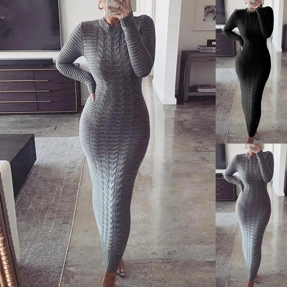 Autumn and Winter Womens Bodycon Dress Long Sleeve Twisted Knitted Bodycon Warm Maxi Sweater Dress