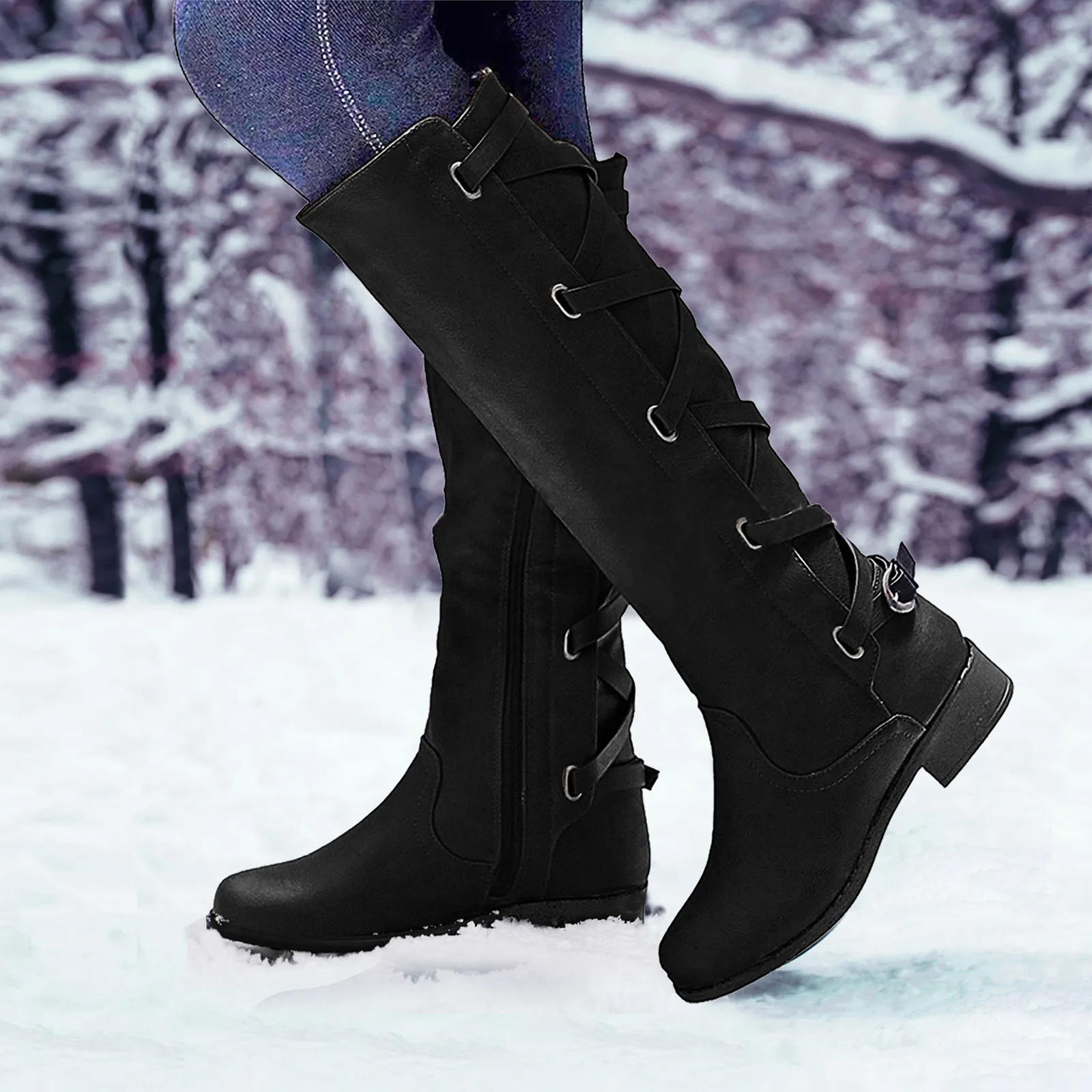 Winter Fleece-line Warm Leather Snow Boots British Style Waterproof Long Retro Botas Mid-calf Zipper Square Heel Versatile Boots