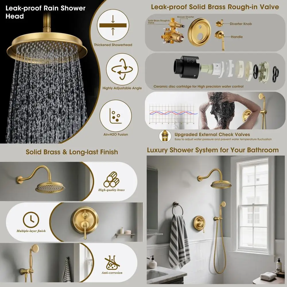 

Luxury Brushed Gold Shower System with Wall-Mounted Trim Kit and Handheld Spray