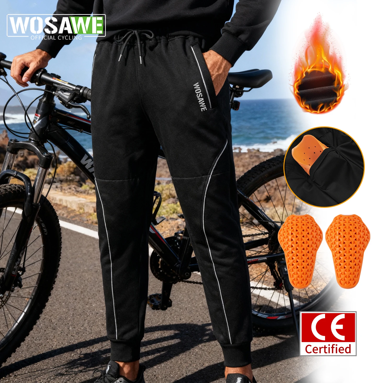 

WOSAWE Winter Thermal Cycling Joggers with Fleece Lining and Removable CE Knee Protection MTB Road Riding Warm Casual Sweatpants