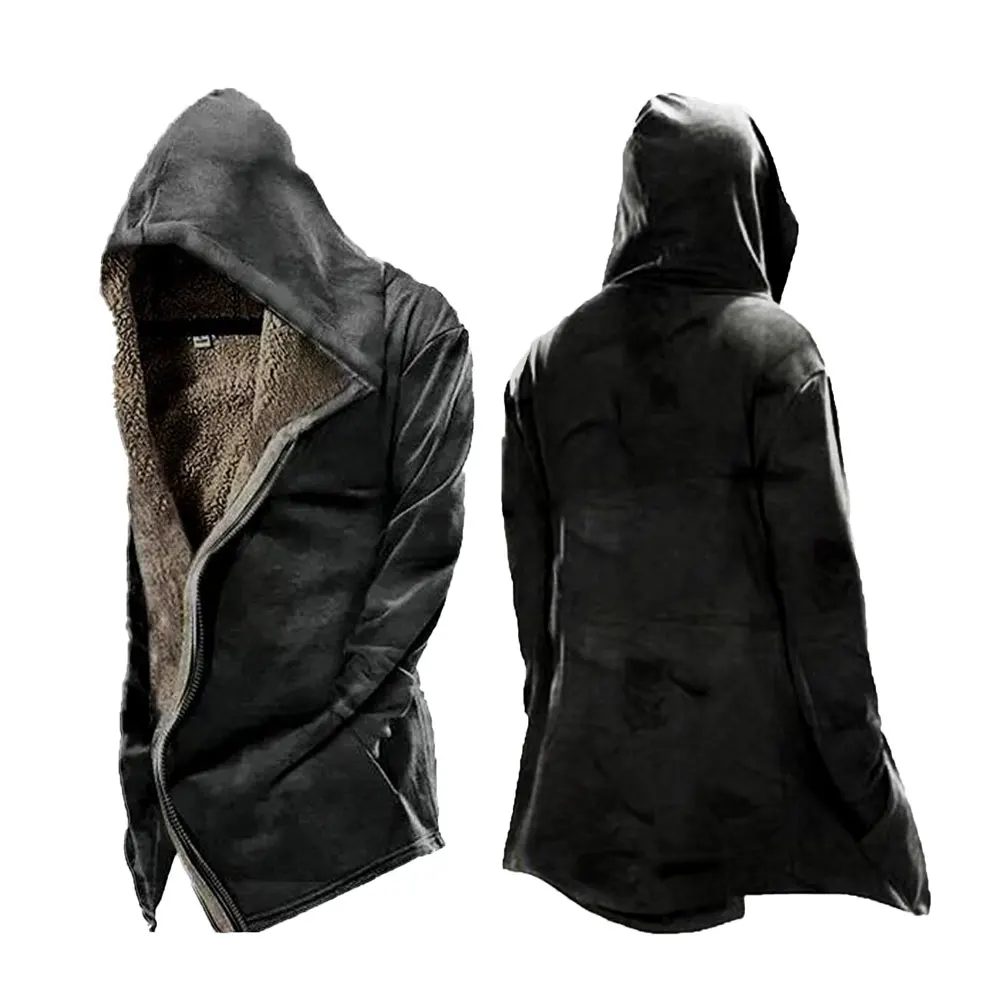 Mens Vintage Solid Tactical Lace-Up Hooded Fleece Jacket Winter Pockets Streetwear Outwear Thicken Winter Jacket Men Y2k