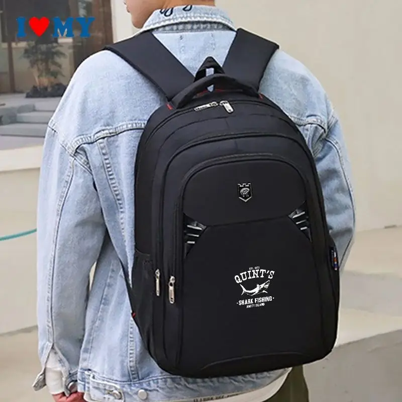 Quint's Shark Fishing Black Backpack for Men & Women, Spacious Daypack for School College Travel Commuting