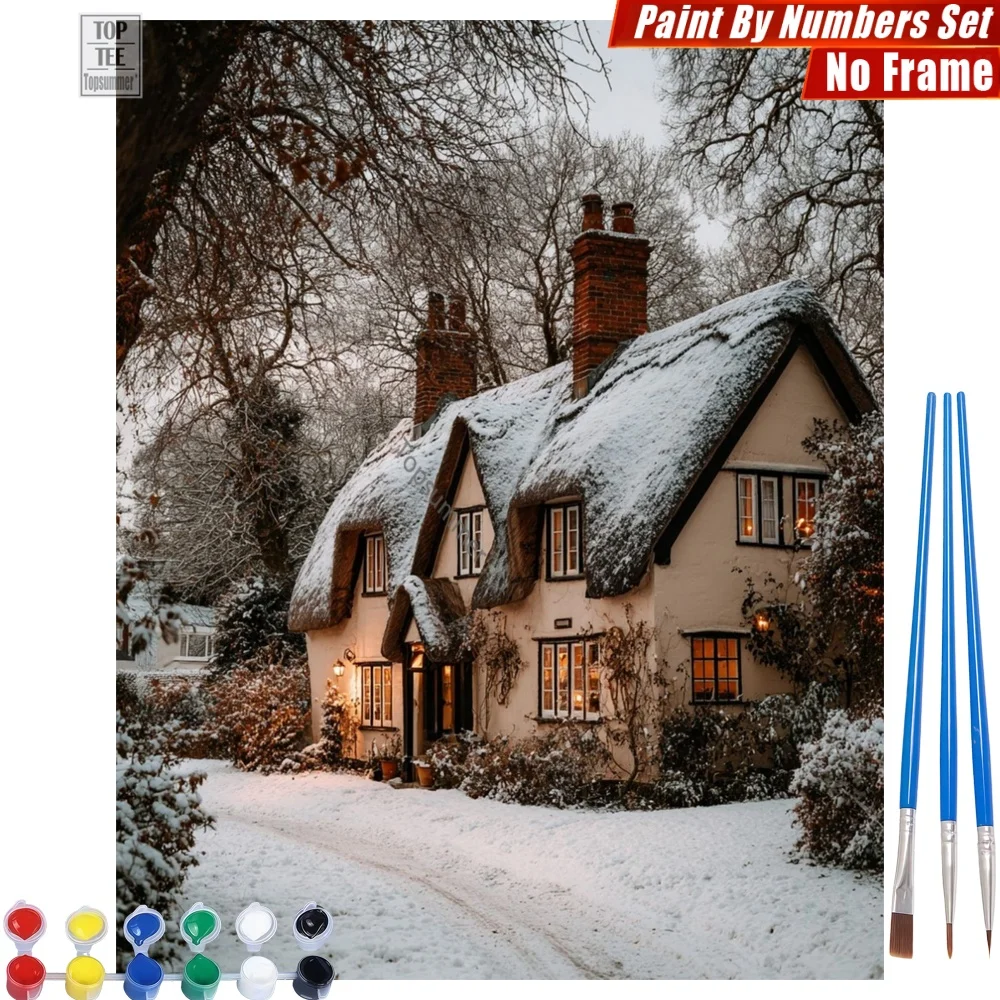 

Snowy Fairy Cottage Digital Oil Paint Set - Wispy Chimney Smoke Canvas Wall Art Winter Gift For Grandma