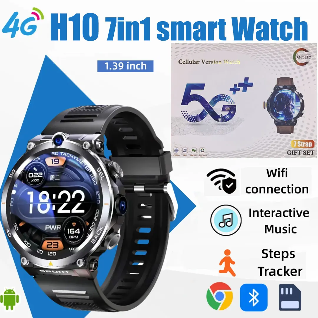 

H10 4G LTE Smart watch Men: 500W Dual Camera for Video Calls, 4+128GB, WiFi NFC, 1380mAh Battery