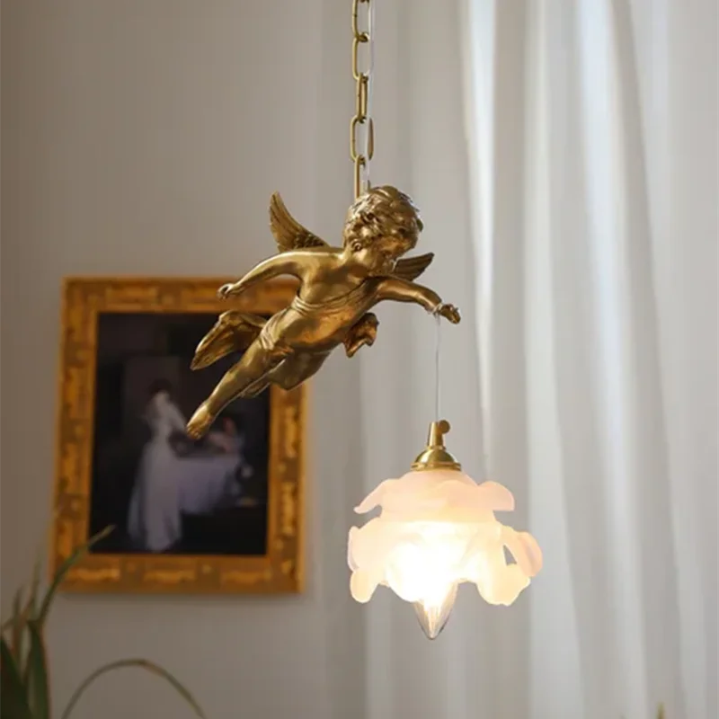 Vintage Angel Pendant Light French sculptural lamp antique Crystal Lamp for living room luxury brass lamp Bedroom Bedside Light