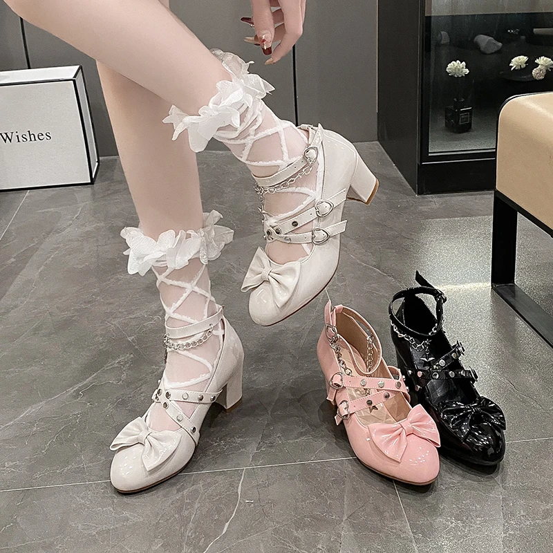 Gothic Lolita High Heels - Dark Dark Fairy Tale, Bowknot Chain Star Pendant Rivet Cross Straps Pumps, JK Fashion Academia Shoes