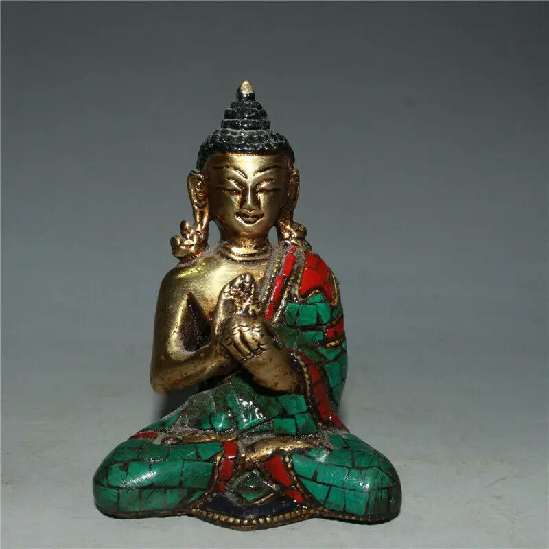 

3.15" Tibetan Buddhism Pure Copper Inlay Turquoise Coral Sakyamuni Buddha Statue