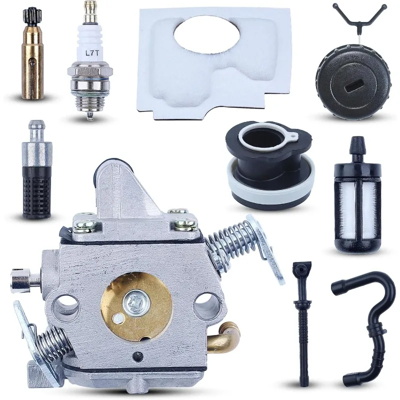 Carburettor for Stihl MS 170, MS 180, 017 and 018 chain saw, carburettor kit air filter + fuel filter + fuel hose + spark plug