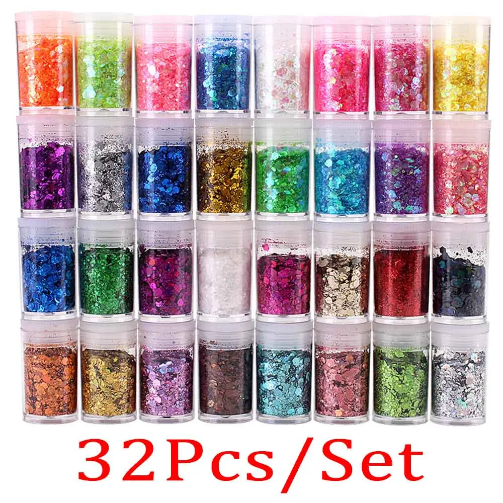 32/24/20pcs holo graphische Nagel Glitter Flocken mehrfarbige Regenbogen unregelmäßige funkelnde klobige Flocken Pulver Meerjungfrau Nail Art Decora tio