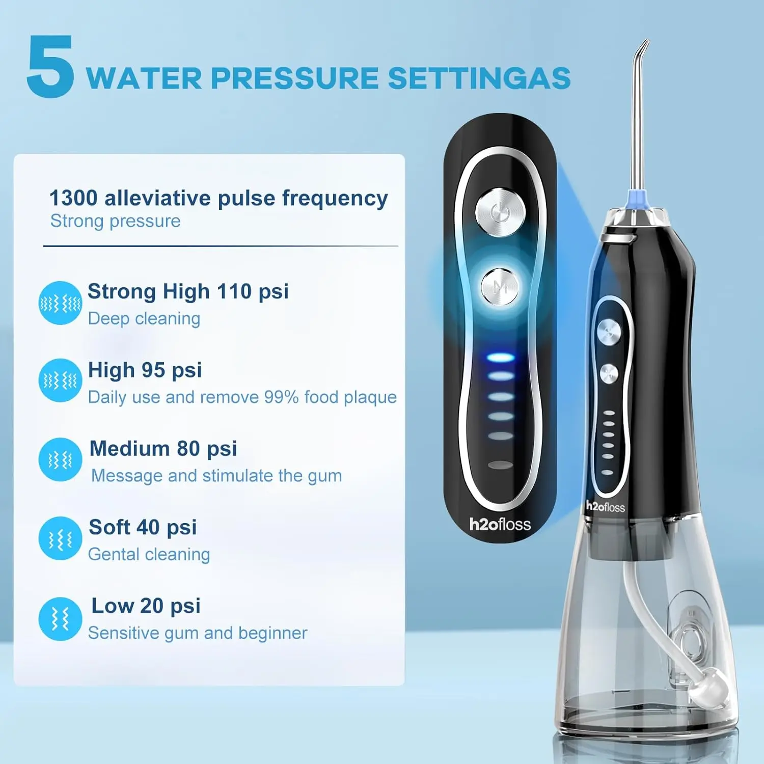 H2ofloss Water Dental Flosser Portable Oral Irrigator Rechargeable Teeth Clean for Home and Travel 5 Modes Braces Waterproof image 2