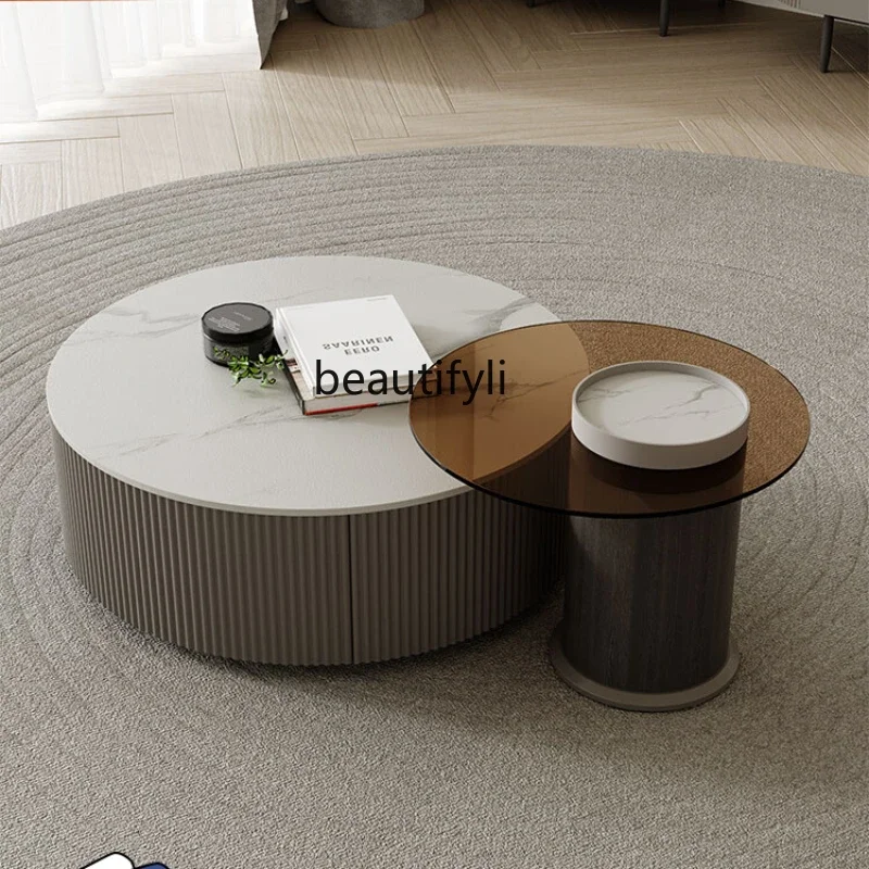 

A Stone Plate Coffee Table TV Cabinet Living Room Modern round White Tea Table Size round Glass Nordic