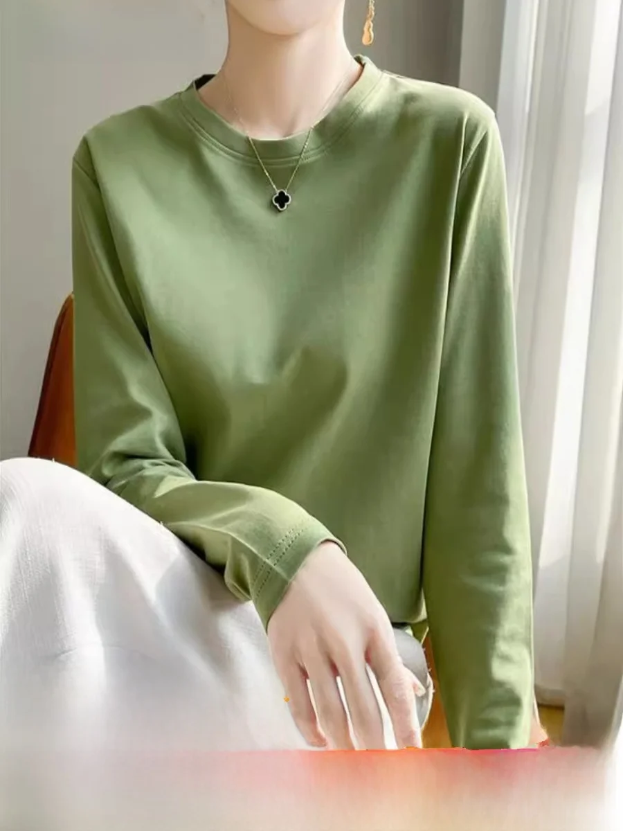 

Pure Cotton Long Sve Women's T-irt Spring New round Ne Silk Glowing Loose Fit Inner Wear Color Top