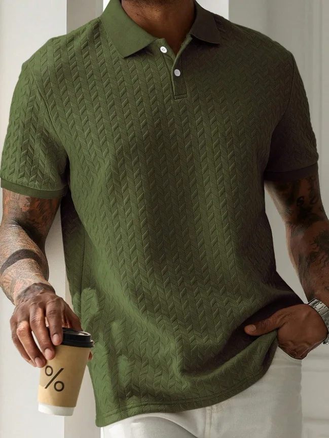 Summer Men's Plaid Solid Short-Sleeved Polo Shirt with Casual Collar - 8829