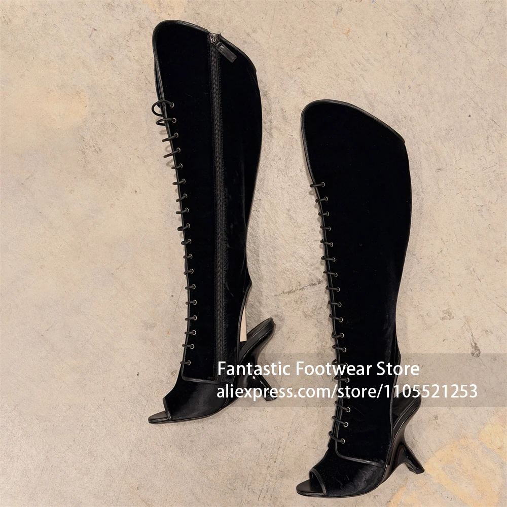 Open Toe Cutout Shaft Boots Front Lace Up Closure High Heel Knee Boots Side Back Zipper culptural Unique Heel Boots Sexy Evening