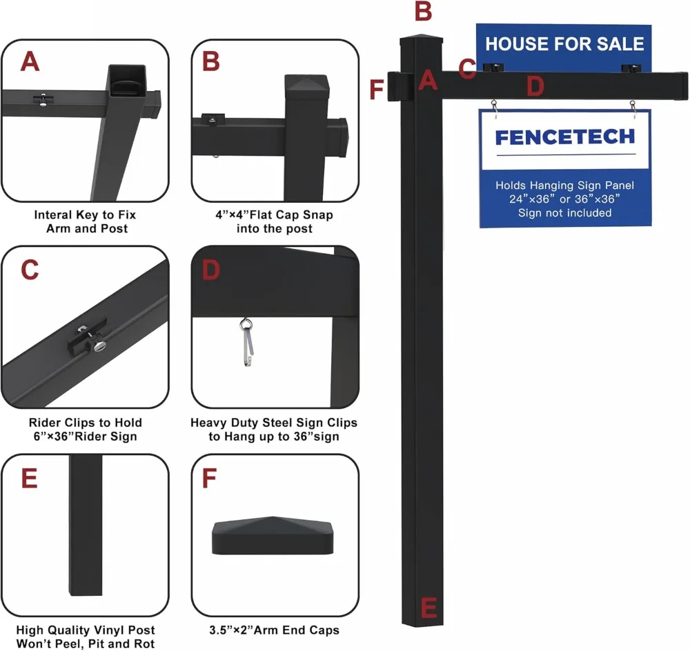 

6ft Real Estate Sign Post, PVC Yard Stake with 47in Arm, Holds 36in Signs - Black