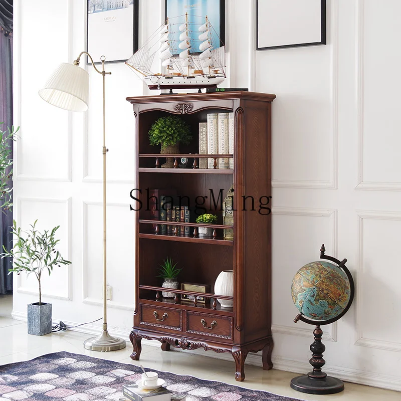 ZYY household retro carved solid wood bookcase light luxury display shelf floor shelf study display