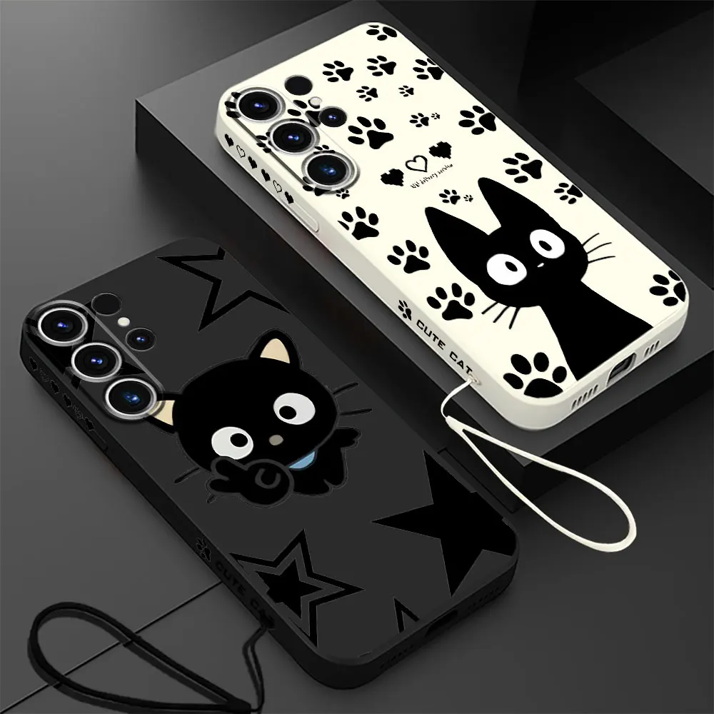 Cartoon Lucky Cat Case for Samsung Galaxy S24 Ultra S21 Plus S22 S20 FE S23 Ultra 5G S23 5G Silicone Cover With Lanyard Back