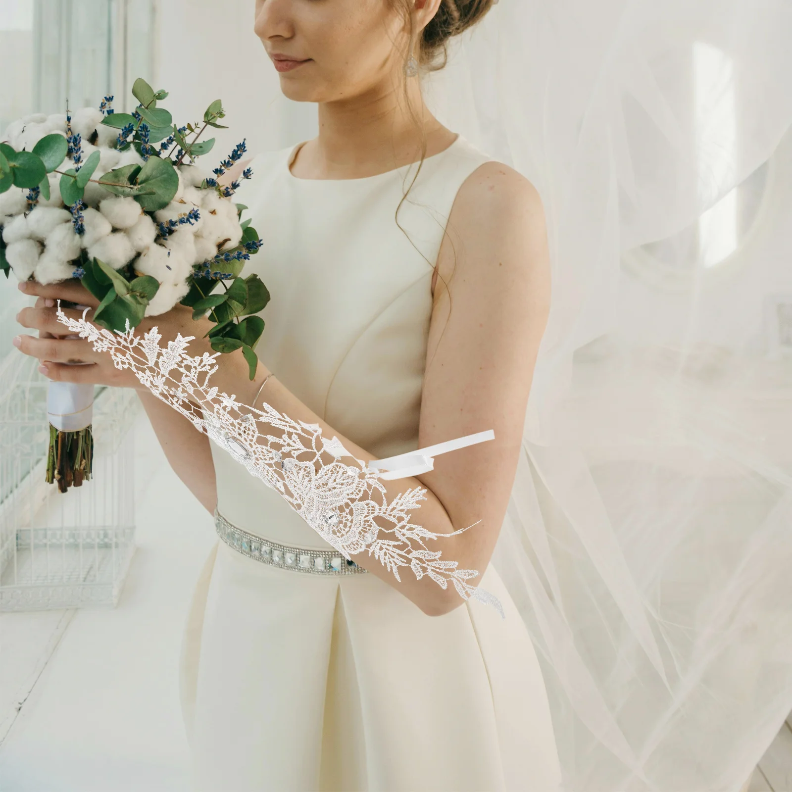 1 paio di guanti lunghi senza dita in pizzo con strass da donna, da sposa, da sposa, eleganti, da cerimonia, guanti in pizzo per donna, guanto da sposa