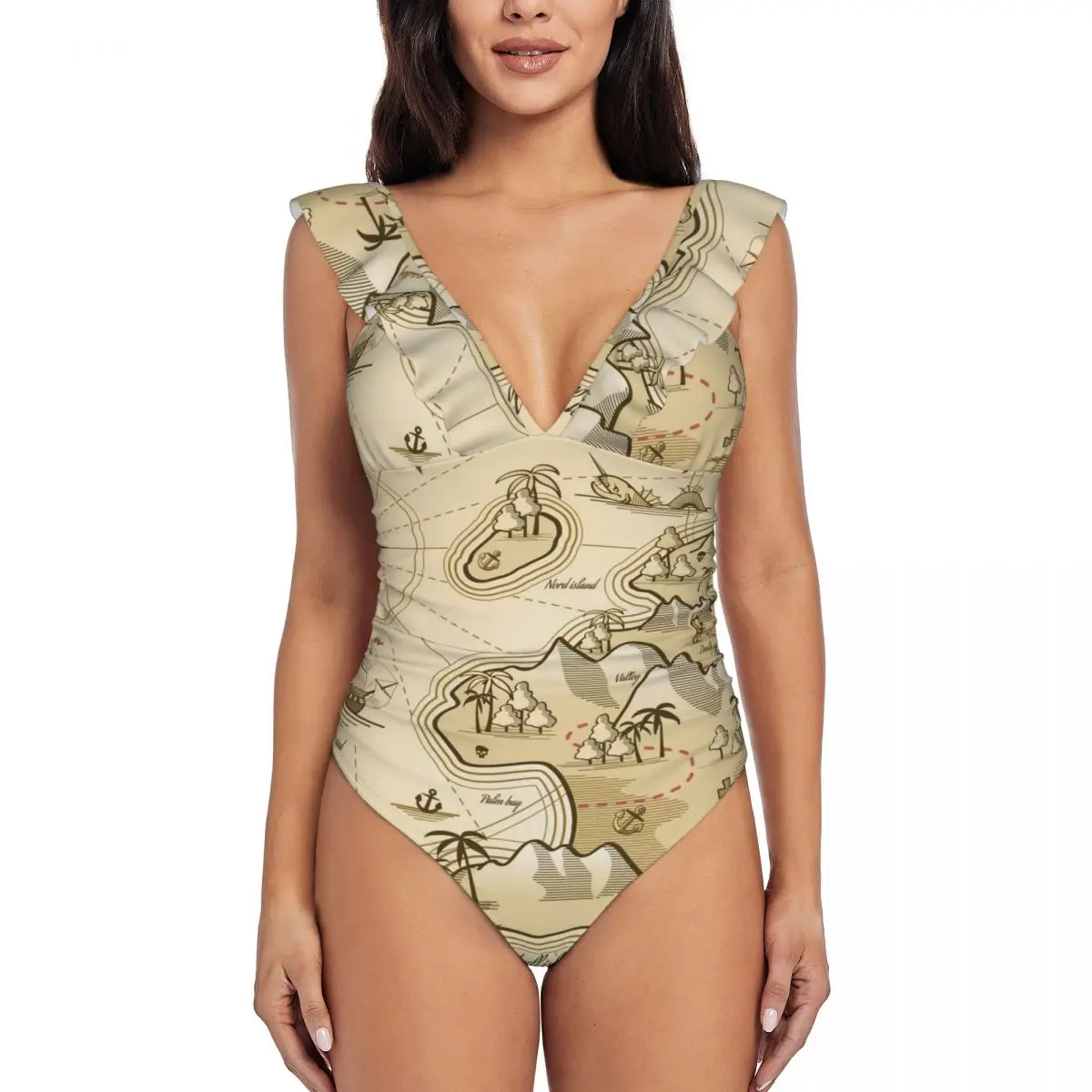 2024 Swimsuit Women's Pirate Treasure Island Map One-Piece Swimwear