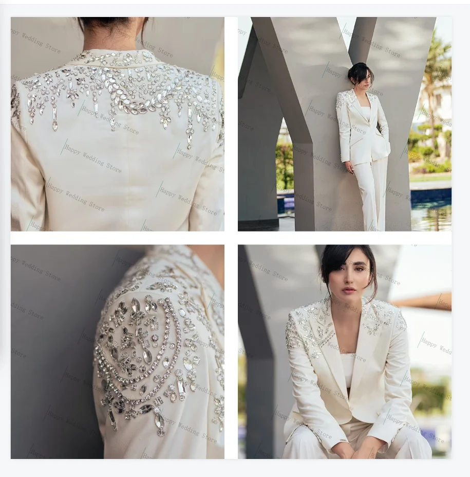 

White Women Suit Set 2 Pcs Crystals Blazer Pants Trousers Formal Office Jacket Autumn Customized Wedding Tuxedos Prom Dress Coat