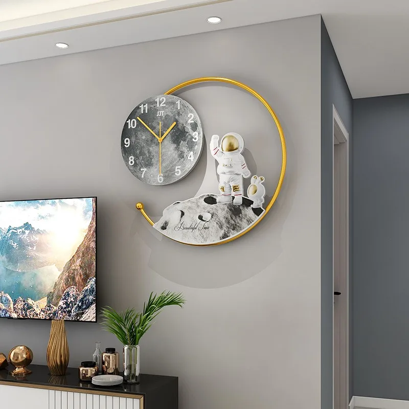 Astronaut Moon Landing Wall Clock Light Luxury Living Room Hanging Clock Modern Design Cartoon Kids Room Decoration Wall Watch