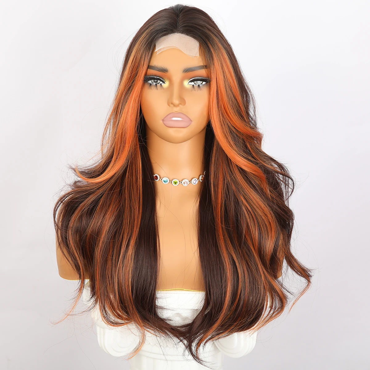 Wave Shaped Long Hair Brown Gradient Lace Wig Suitable For Women's Daily Party Role-Playing Gloss Orange Split Wig 26 inch Wig