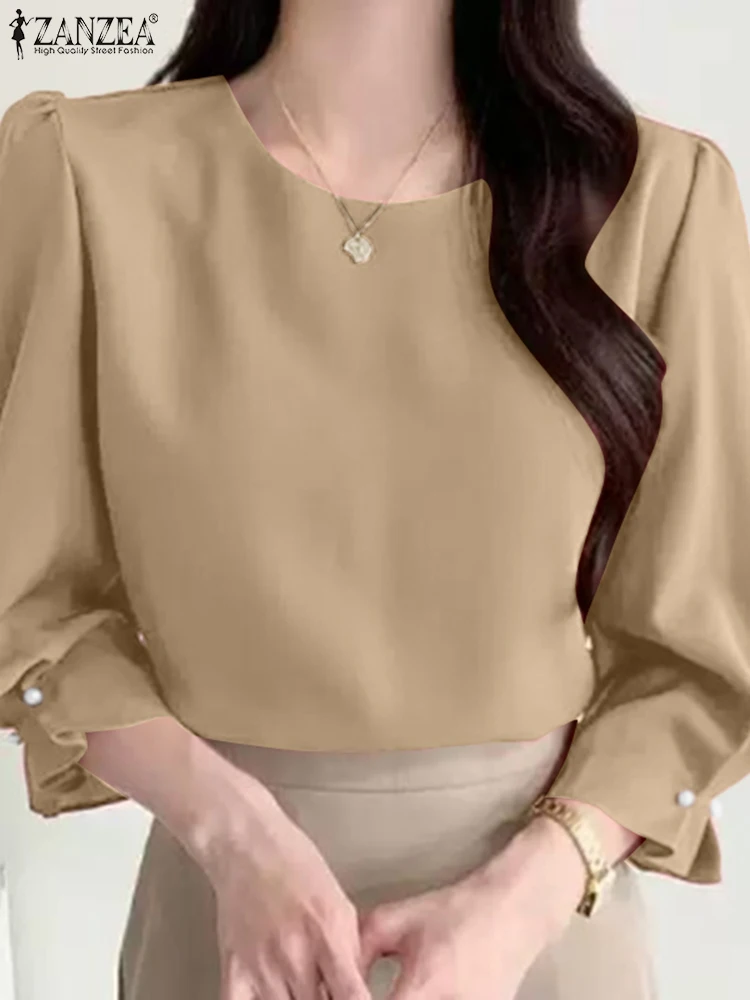 ZANZEA Camicette da donna eleganti Autunno 2025 Girocollo Manica a tre quarti Blusas Mujer Moda coreana Cinch-Cuffs Solid Top