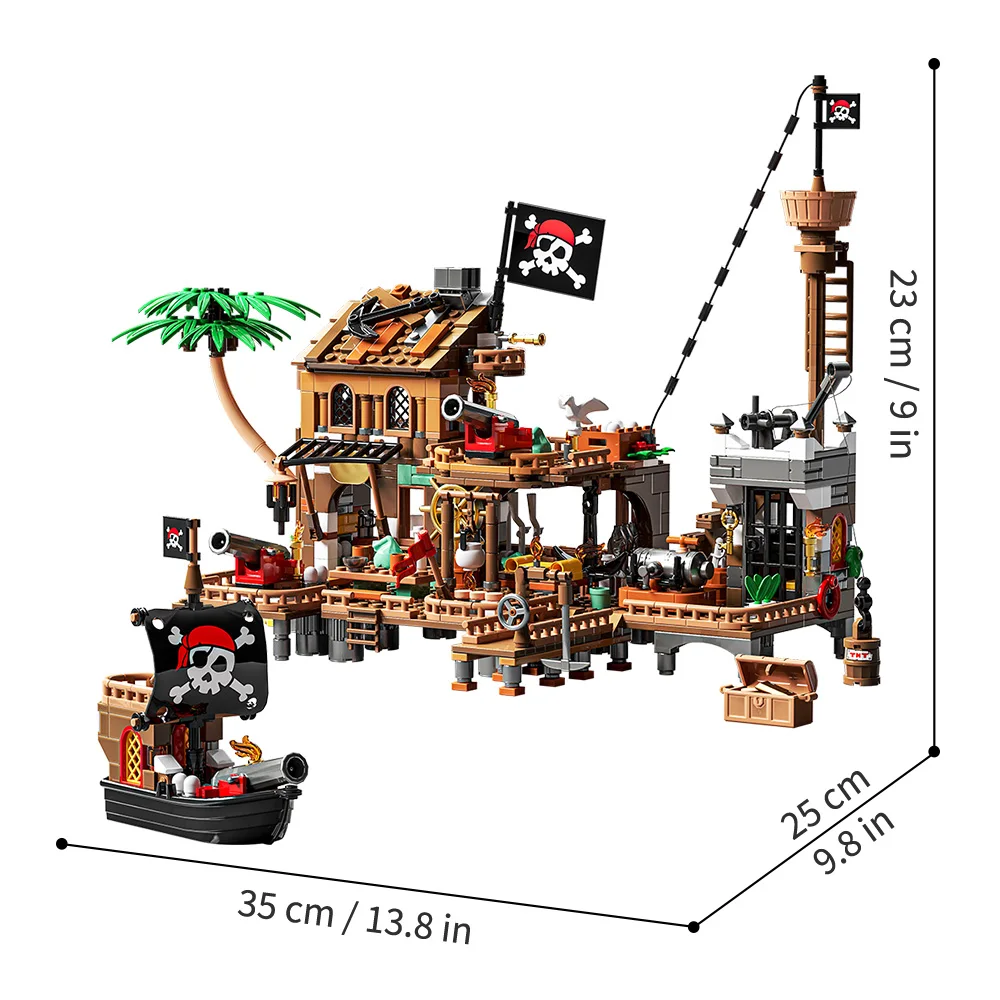 Piratenschip bouw speelgoed, Piraten Haven thema stads winkel bouwstenen sets voor jongens van 8-12 jaar, 868 stukjes, adventskalender
