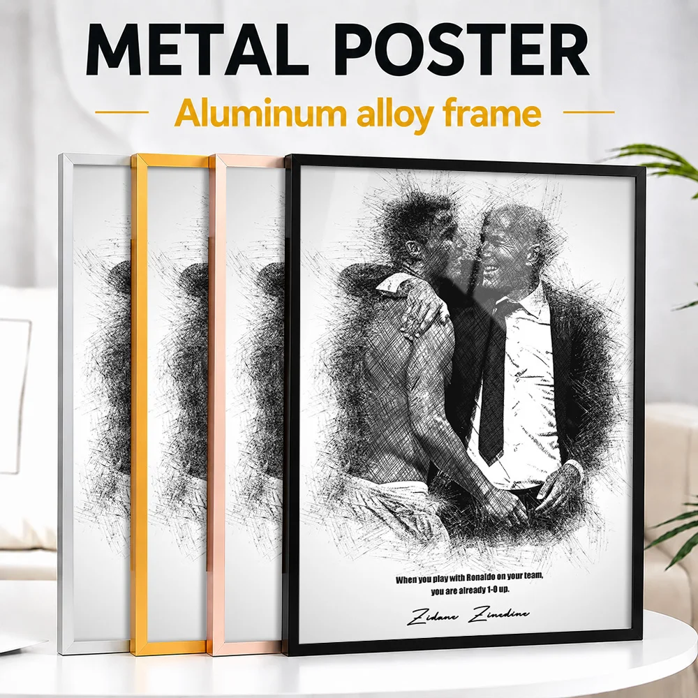 Zinedine Zidane Trophy Kiss Framed Aluminum Metal Poster Personalized Sketch Drawing Wall Art For Sports Lounge And Games Room