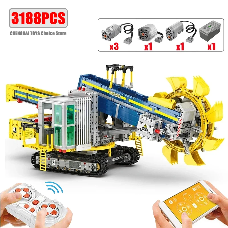 3188 Uds. Excavadora de ruedas de cubo, bloques de construcción, unidad de potencia, ingeniería, excavadora de ciudad, modelo de ladrillos, juguetes para niños, regalos de vacaciones