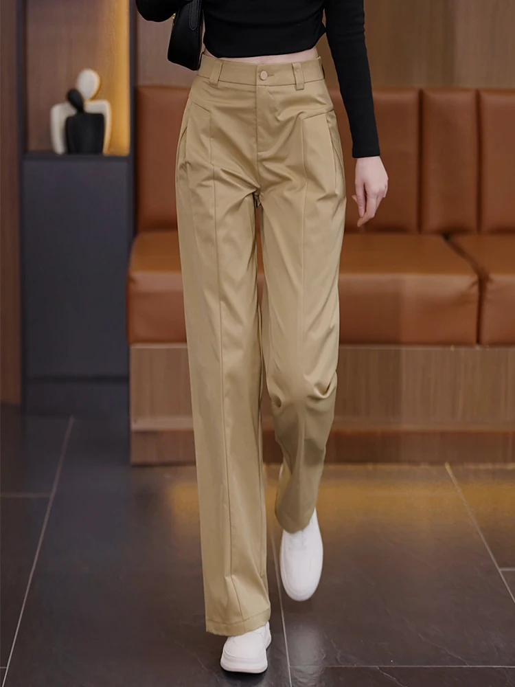 

Женские брюки-палаццо цвета хаки на весну-осень с высокой талией, свободные, повседневные, костюмные, струящиеся, стройнящие, прямые брюки