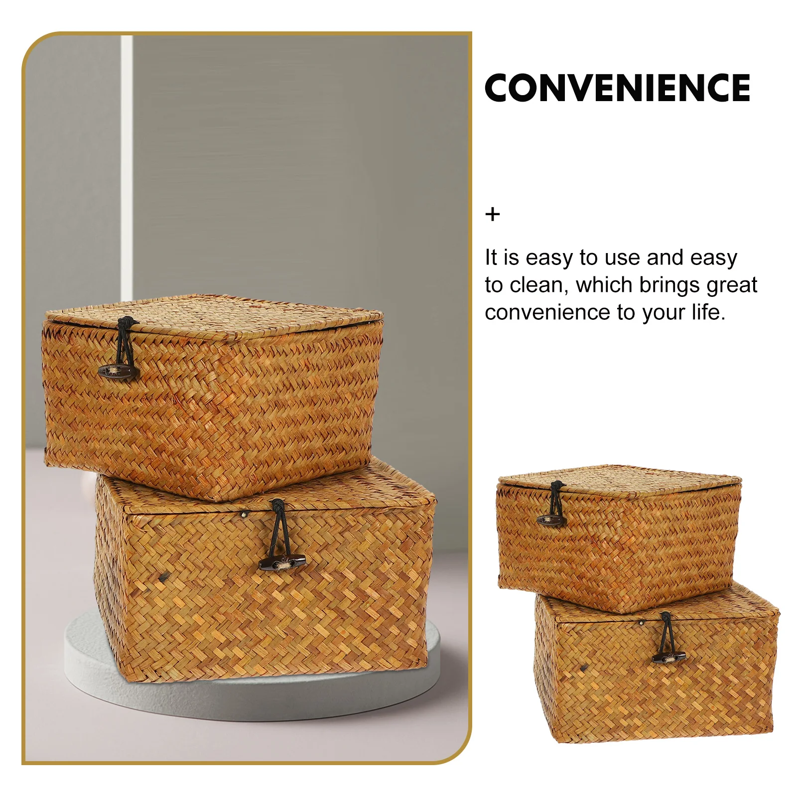 

Practical Woven Storage Box Set Large Capacity Desktop Organizer Dust Proof Lid Easy Clean Grass Baskets Multifunctional