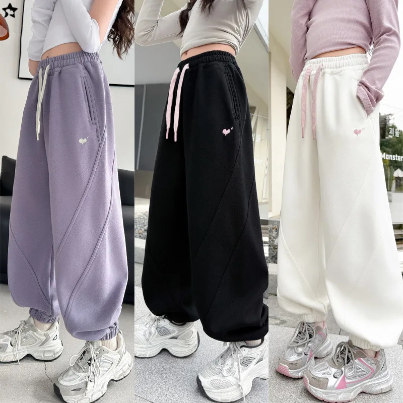 

Осенне-зимние новые спортивные брюки для девочек с сердечками, повседневные брюки для активного отдыха, фитнеса, спорта, бега, детские штаны