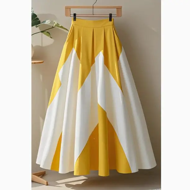 Women's Elegant High Waist Maxi Skirt Yellow White Geometric Color Block Pleated A-line Skirt For Daily Office Party Outfits