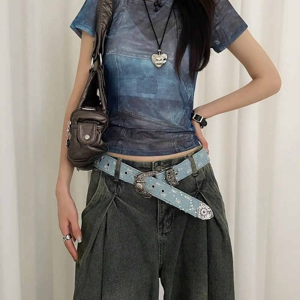

Adjustable Korean Style Retro Jeans Belt Harajuku Y2k Metal Buckle Belts Black Denim Aesthetic Vintage Wide Belt Lady