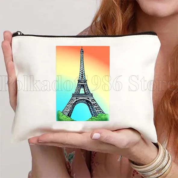 Fashion Paris France Eiffel Tower Skyline Cute Gifts Canvas Bags Makeup Lipstick Bag Cotton Cosmetic Bag Pouch Wallet Portable