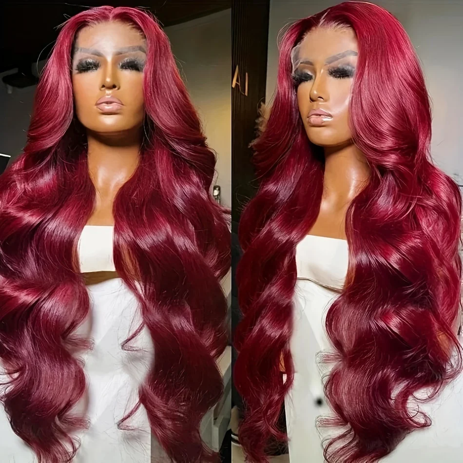 Perruque Lace Front Wig Body Wave Brésilienne Naturelle, Cheveux Humains, Transparent HD, Couleur Bordeaux 99J, 13x6, 360, pour Femme