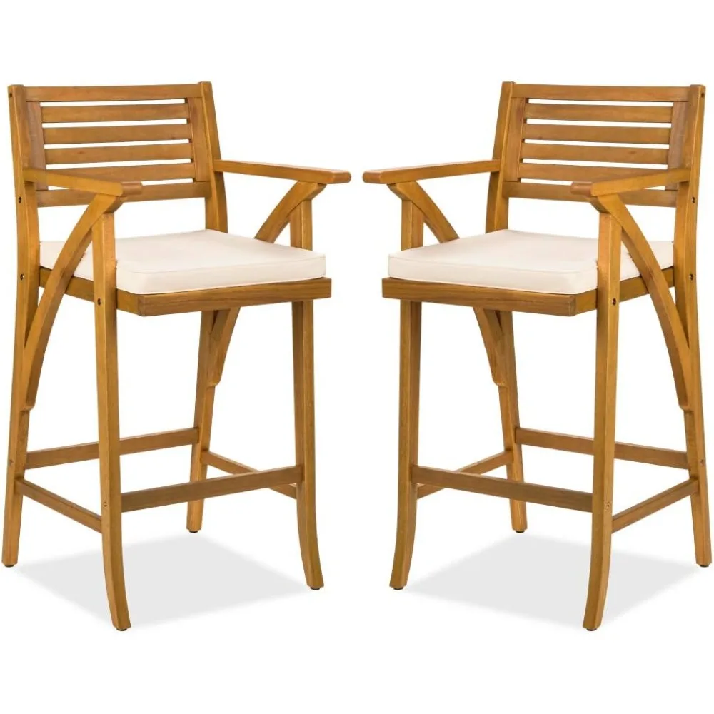 

Set of 2 Outdoor Acacia Wood Bar Stools Bar Chairs for Patio, Pool, Garden w/Weather-Resistant Cushions - Cream